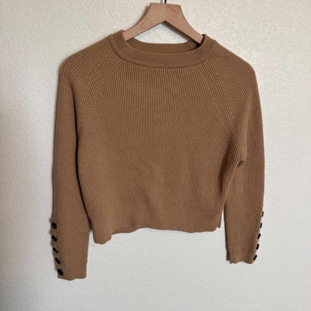 Quiet Luxury Minimalist Sezane Ribbed Wool Cotton Sweater Medium Camel Tan